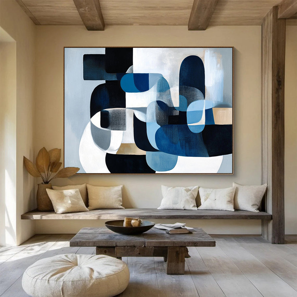 “Blue - Gray Geometric Shapes” - Blue, gray, white, Abstract Geometric Painting HB0638