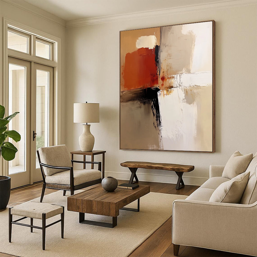 Contemporary abstract painting features a neutral color palette with beige, white, brown, and soft brush strokes for a warm artistic expression. DLZ0532