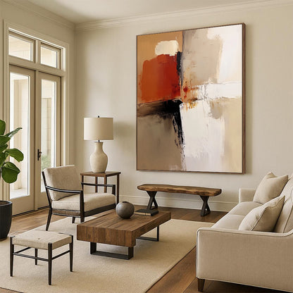 Contemporary abstract painting features a neutral color palette with beige, white, brown, and soft brush strokes for a warm artistic expression. DLZ0532