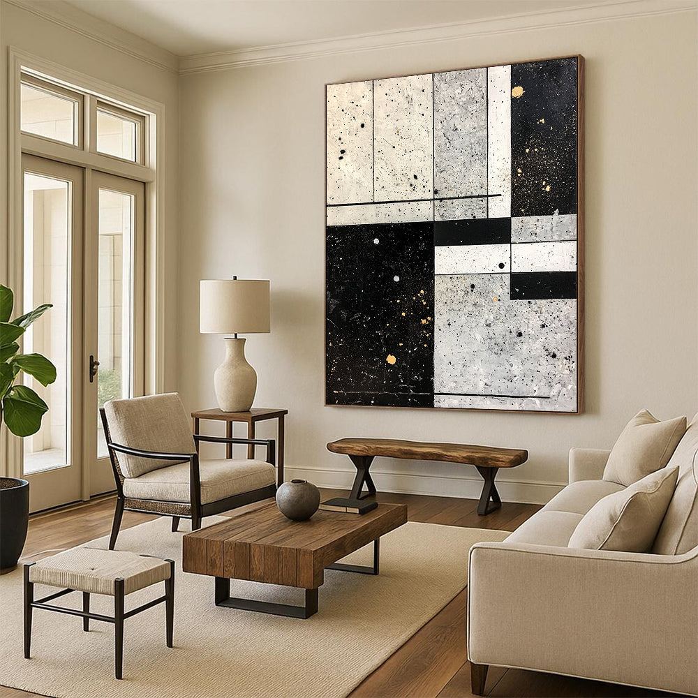 Black, White, Gray, Gold with Grid Splatter "Industrial Chic" Abstract Painting On Canvas HB015