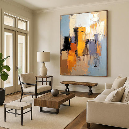 Contemporary abstract artwork showcasing the Alhambra in light blue, mustard yellow, and burnt sienna with gray and brown accents. DLZ0894