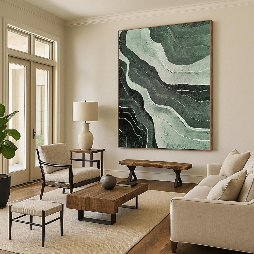 Contemporary hand-painted abstract artwork featuring ethereal green and white wavy lines on a black background with textured effects and muted colors. DLZ1686