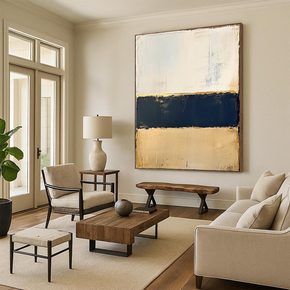 Beige, Gold, Navy, Horizontal Layers "Gilded Nautical Bands" Abstract Coastal - Inspired Painting On Canvas HB166