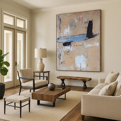 Contemporary hand-painted abstract artwork featuring an airplane with light blue beige and tan tones accented by black lines and minimalistic details. DLZ0571