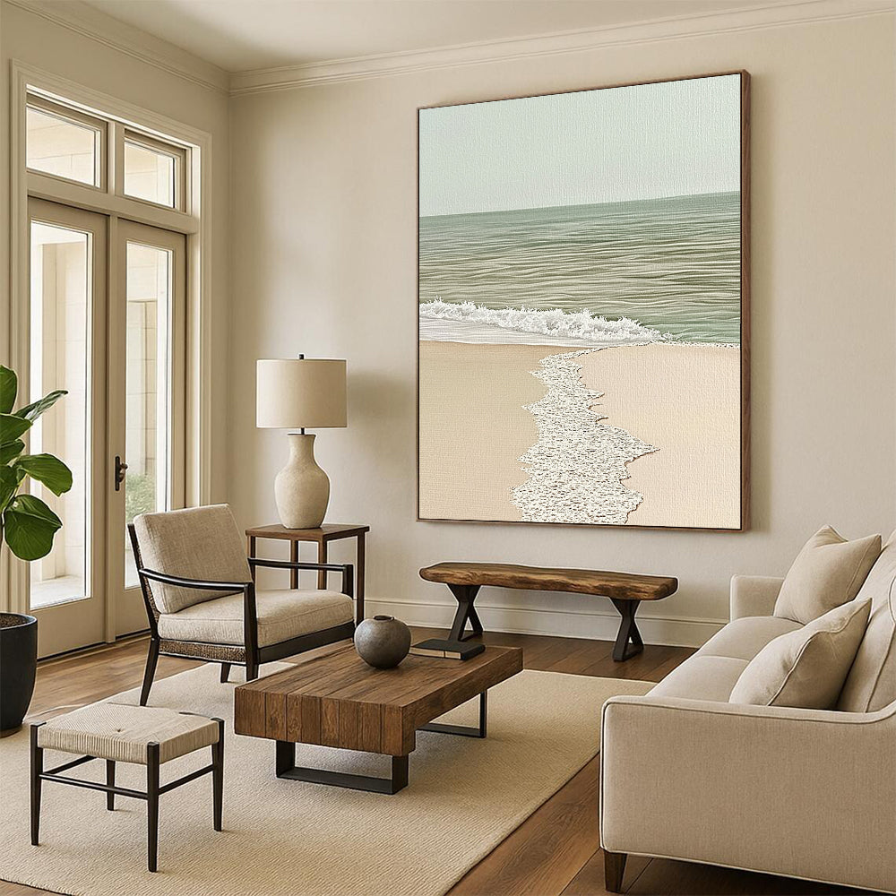 Contemporary abstract painting showcases a detailed watercolor seascape with a sandy edge in soothing beige and light green tones. DLZ1444