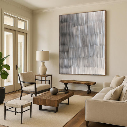 Contemporary hand-painted abstract artwork featuring intricate gray lines that mimic wood grain textures while blending realism and abstraction for a stunning visual depth. DLZ1253