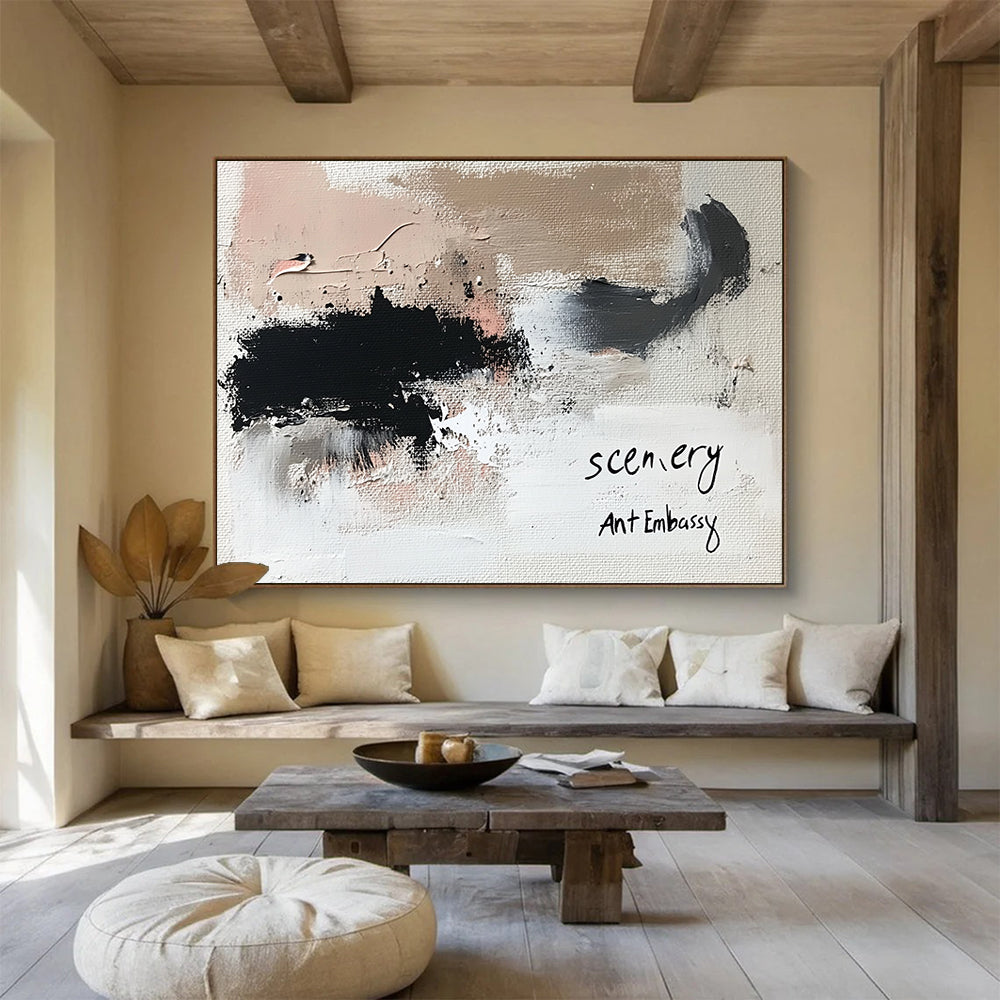 “Minimalist Textured Abstract” - Black, Beige, White with Subtle Textures - Painting On Canvas HB1381
