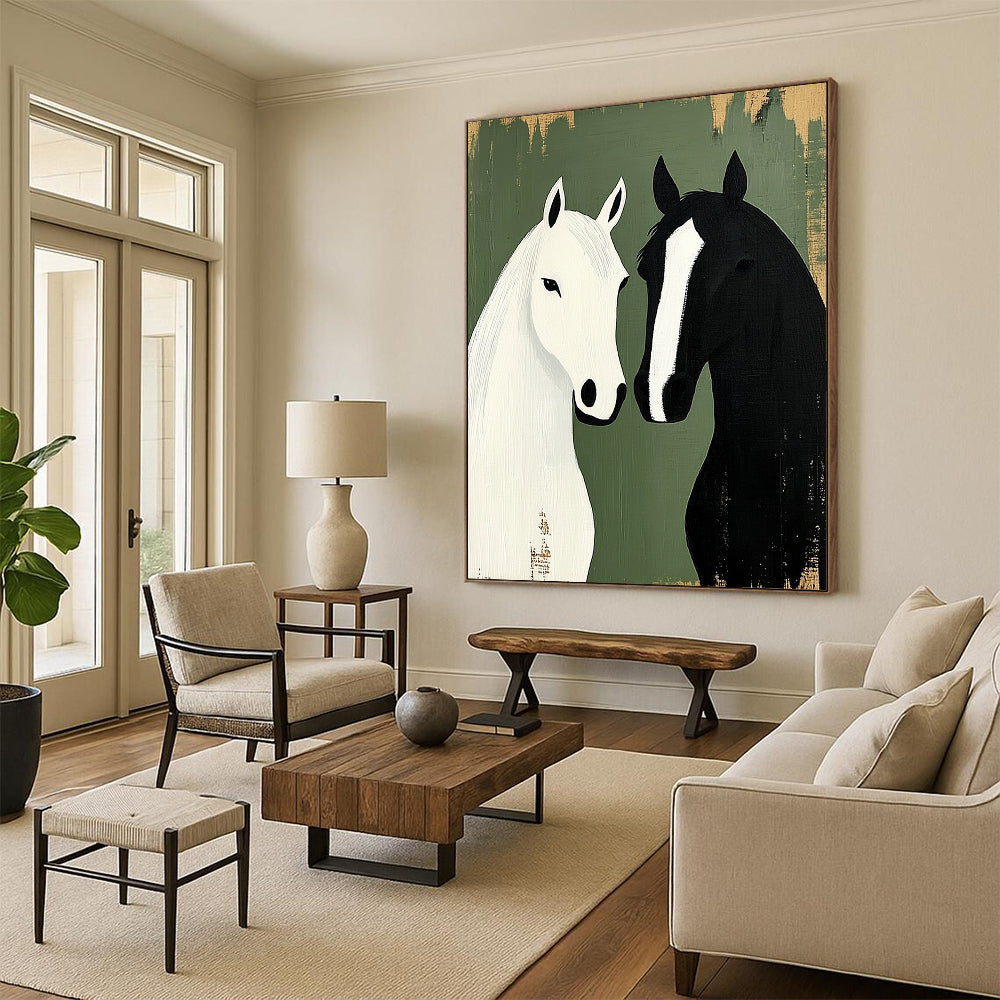 Contemporary abstract artwork featuring two horses in minimalist style against a green background, capturing rustic farmhouse charm and harmony in design. DLZ1719