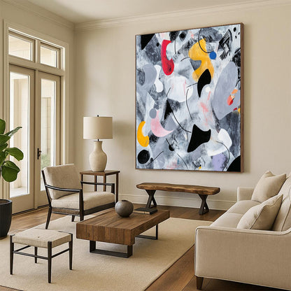 Black, Gray, White, Red, Yellow, Blue and Pink Abstract Melange "Whimsical Dreamscape" Painting On Canvas HB330