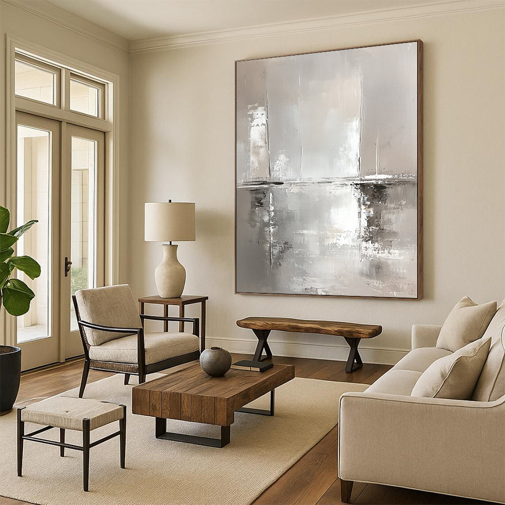 Contemporary abstract art features white and gray tones with water reflections and sailboats, showcasing loose brushstrokes and a modern minimalist aesthetic. DLZ0667