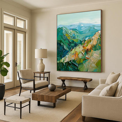 Contemporary abstract artwork featuring vibrant green and blue mountains created with bold impasto brush strokes for a striking visual impact. DLZ0483