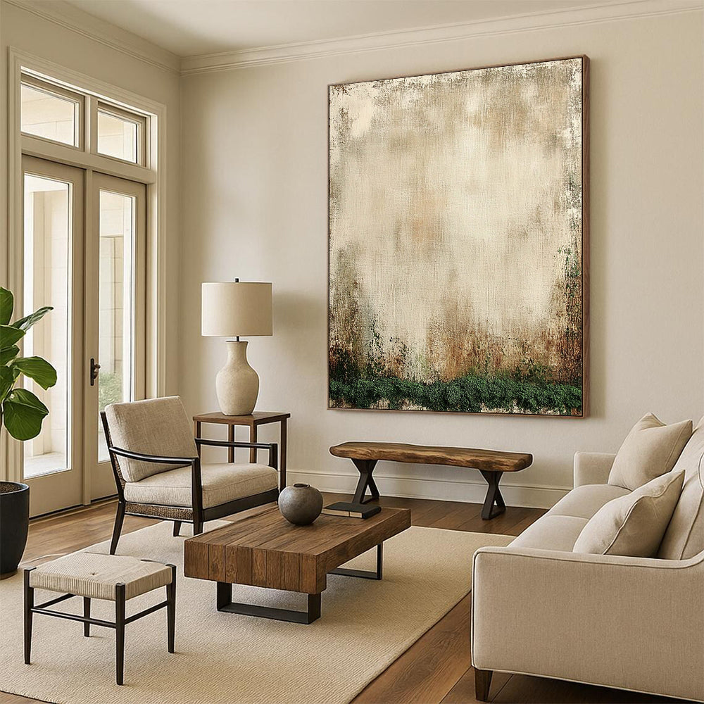 Contemporary hand-painted abstract artwork featuring aged beige canvas, mossy texture, distressed edges, and soothing neutral tones. DLZ1136