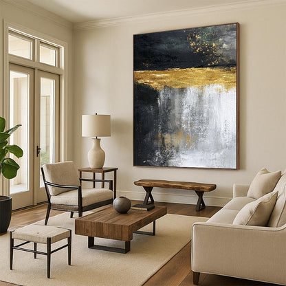 Contemporary hand-painted abstract artwork featuring cascading water, vibrant light yellow glaze, and dark rock contrasts, evoking natural beauty in dynamic movement. DLZ1208