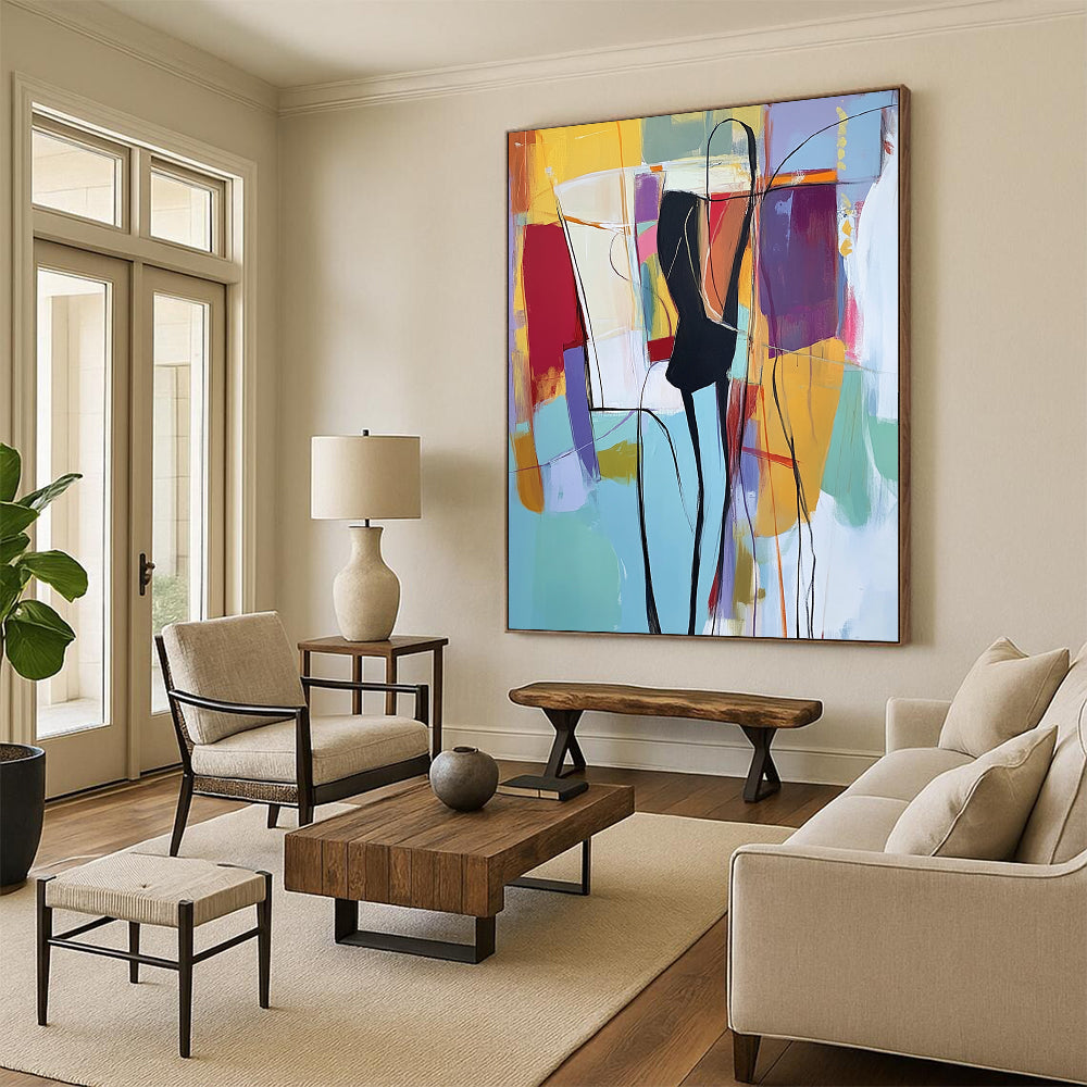 Contemporary hand-painted abstract art featuring light blue hues with vibrant reds yellows greens and purples depicting a figure in a black suit. DLZ0996