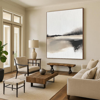 Contemporary abstract painting showcases impasto technique with bold brush strokes depicting a serene landscape and body of water in neutral tones. DLZ1349