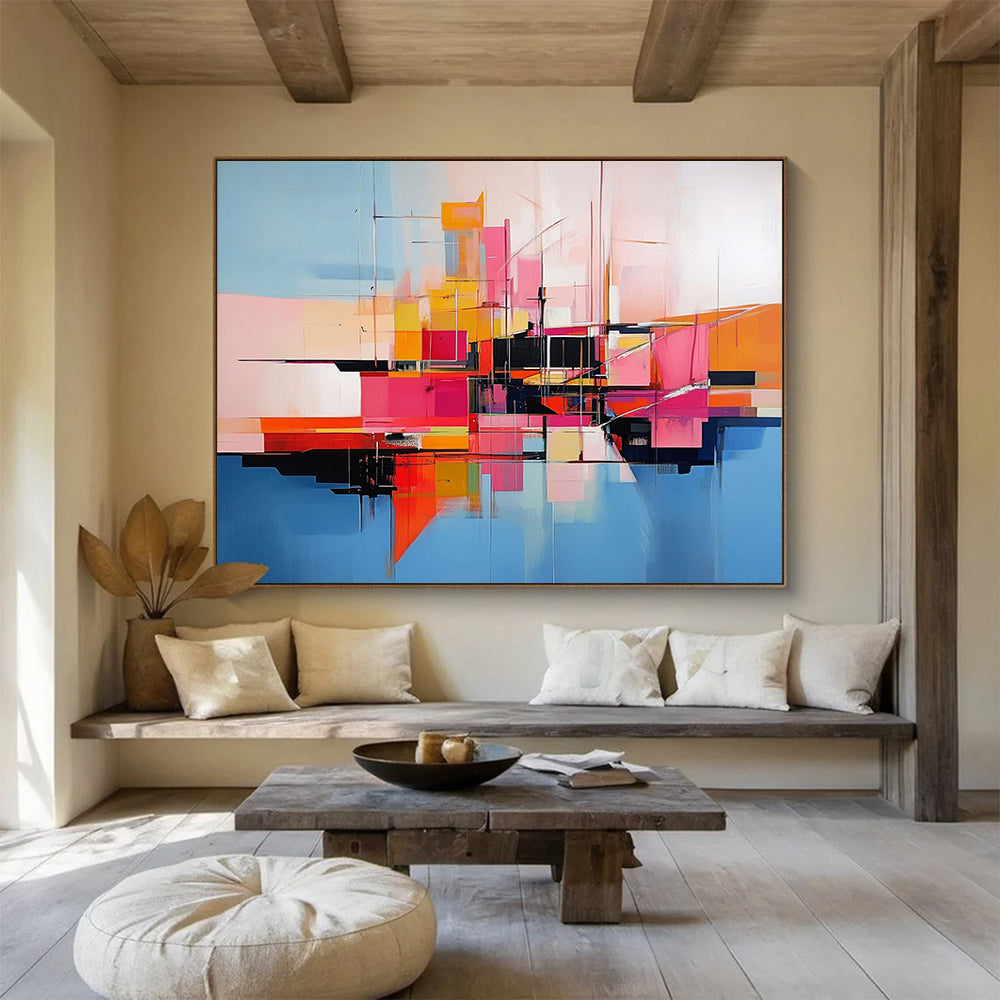 “Abstract Colorful City Geometry” - Colorful, Geometric Urban Shapes, Reflection Painting On Canvas HB0850