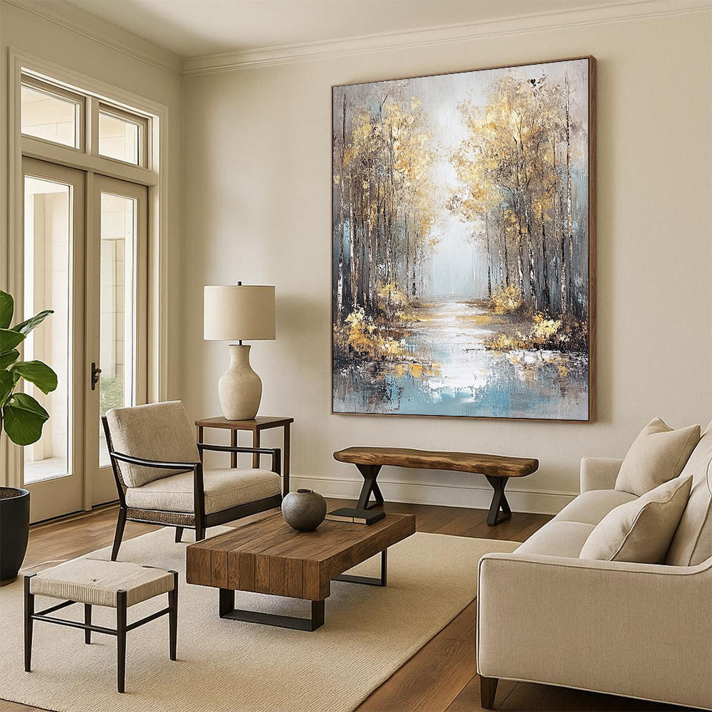 Contemporary hand-painted abstract artwork featuring an autumn forest in gold and orange shades with a reflective water foreground and misty atmosphere. DLZ1472