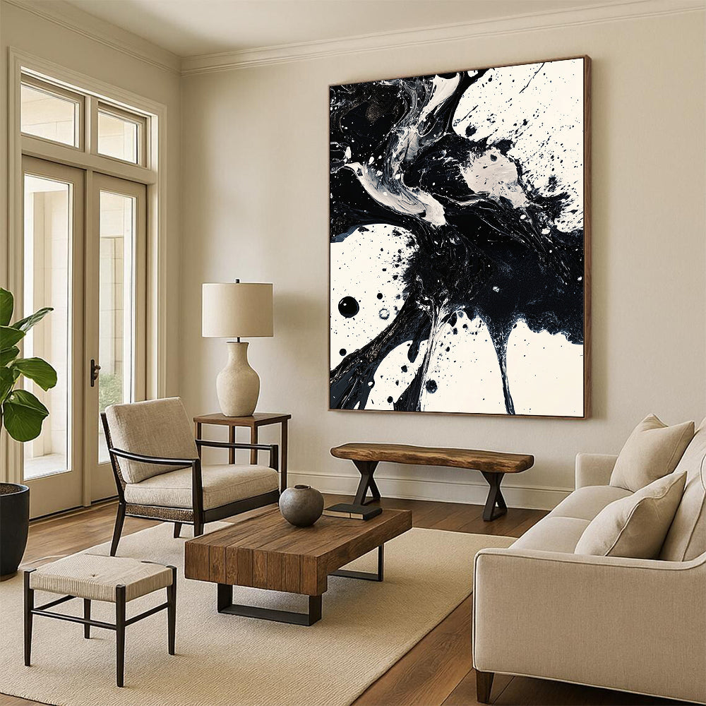 Black, White, Fluid Ink Blends "Ink Fusion" Abstract Expressionist Painting On Canvas HB139
