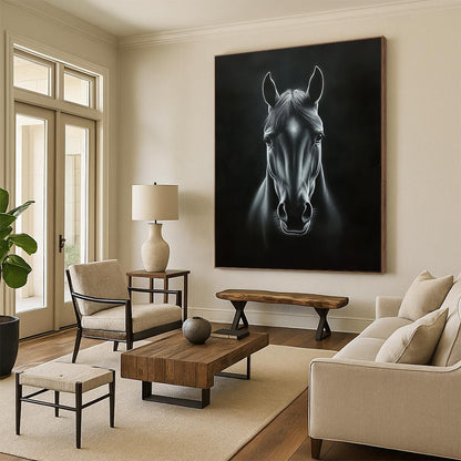 Contemporary handcrafted painting featuring a horse's head in black and white with dramatic chiaroscuro effects and deep shadows on a dark background. DLZ1443
