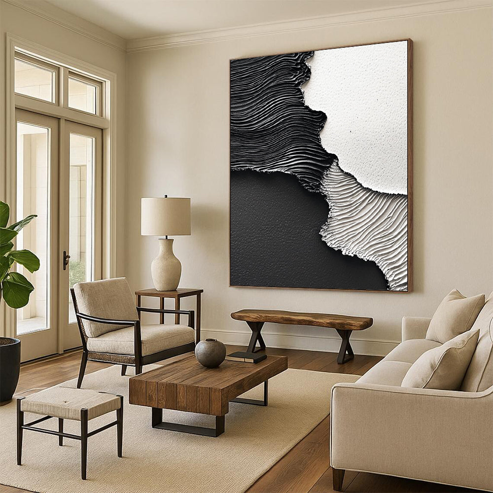Contemporary hand-painted abstract art featuring dynamic black paint waves on textured paper showcasing intricate details and high-resolution depth. DLZ1538