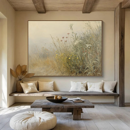 “Misty Meadow Wildflowers” - Beige, Gray, Pink, Yellow, White, Hazy Field of Flowers - Impressionistic Oil Painting HB1772