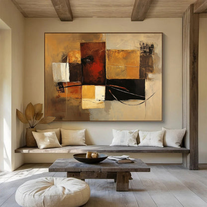 “Brown Geometric Abstract” - Brown, Gold, Black, White, Geometric Forms - Painting On Canvas HB1427