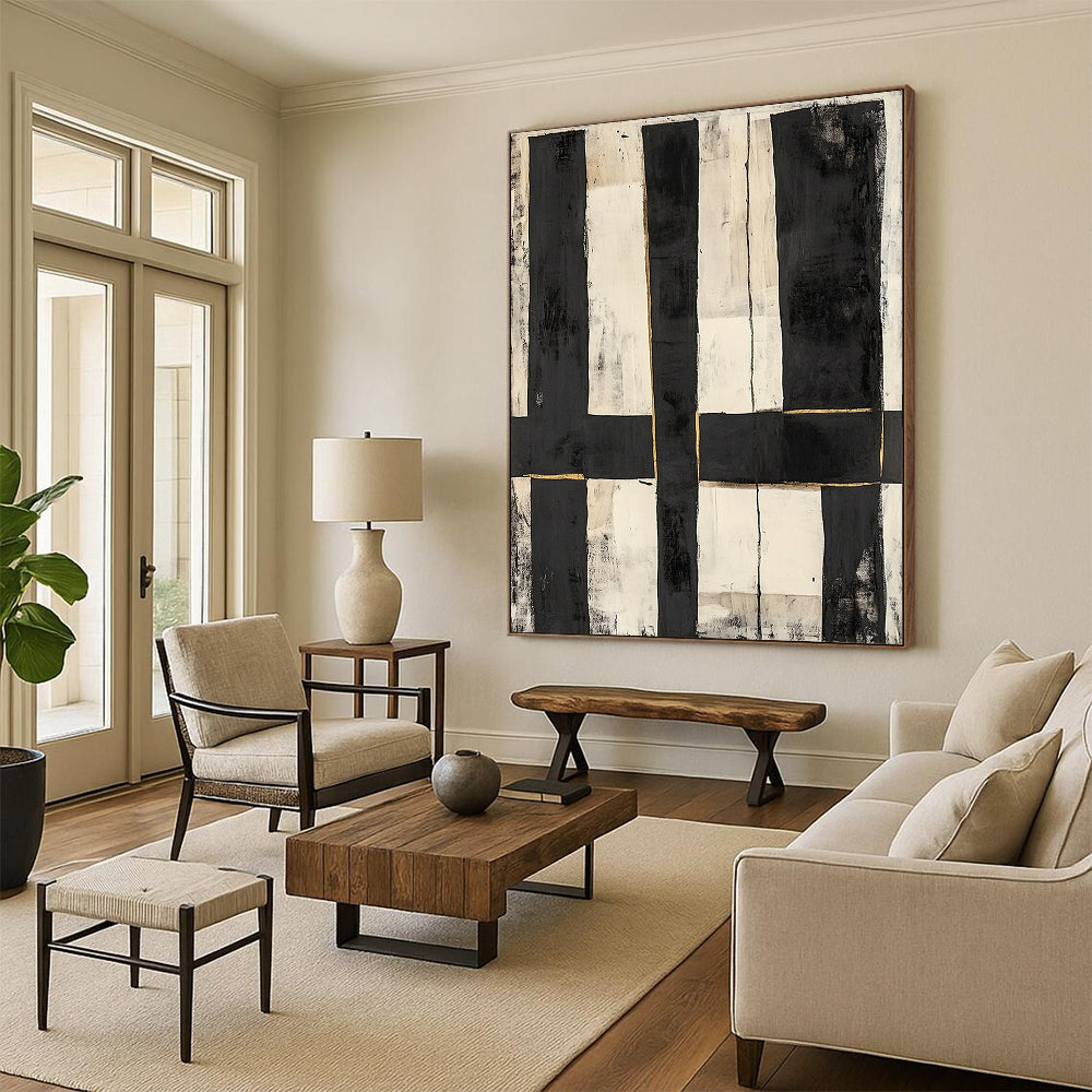 Black, White, Gold, Vertical Rectangles "Gilded Grid" Abstract Constructivist - Inspired Painting On Canvas HB142