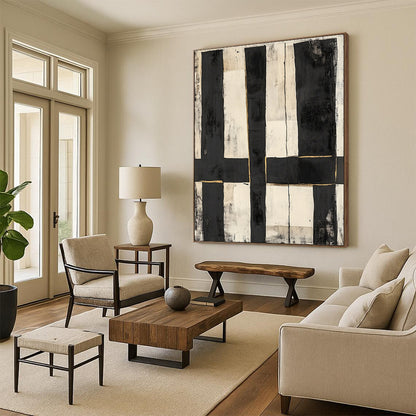 Black, White, Gold, Vertical Rectangles "Gilded Grid" Abstract Constructivist - Inspired Painting On Canvas HB142