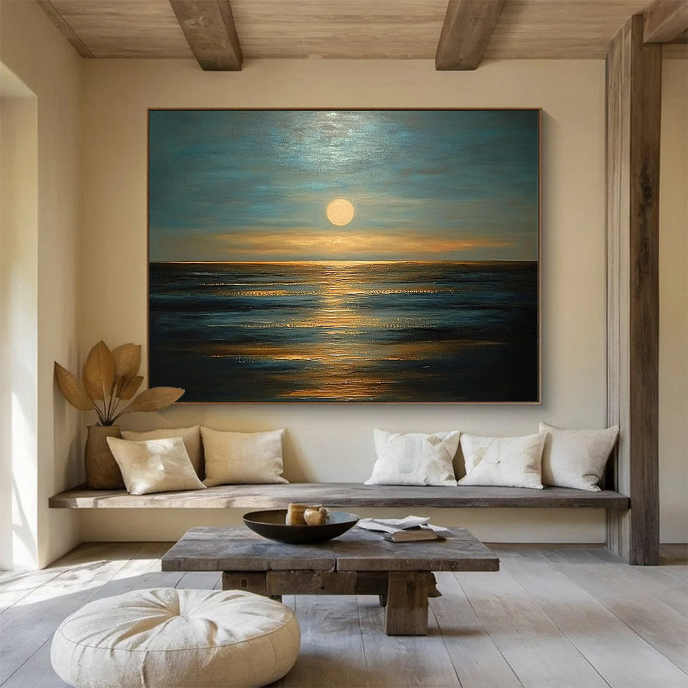 “Moonlit Ocean Calm” - Cool Blues, Silvery Whites, Warm Golds, Ocean at Night - Impasto Oil Painting HB1755