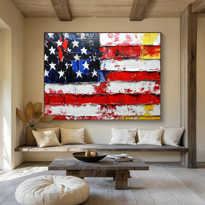 “Textured Flag Tribute” - Red, white, blue, yellow; Thick, weathered strokes on an American flag; Palette Knife Oil Painting On Canvas HB1174