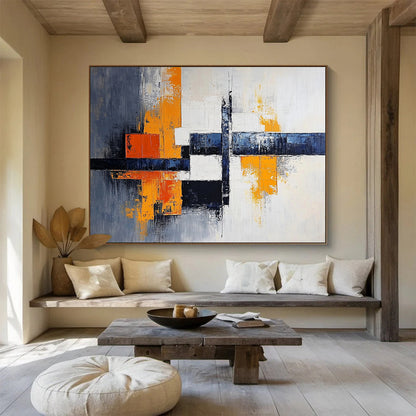 “Vibrant Crossroads” - Orange, Blue, Gray, Geometric Abstract Painting On Canvas HB1040