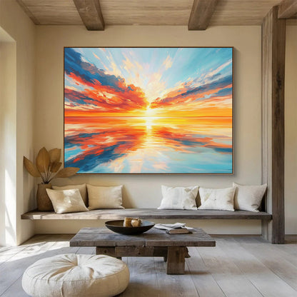 “Vibrant Sunset Over Sea” - Oranges, Reds, Yellows, Blues, Ocean Sunset - Expressionist Oil Painting HB1577