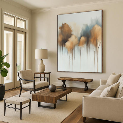 Contemporary abstract painting featuring soft watercolor trees on a white background with muted tones and dreamy light bronze and gray-blue floral accents. DLZ0662