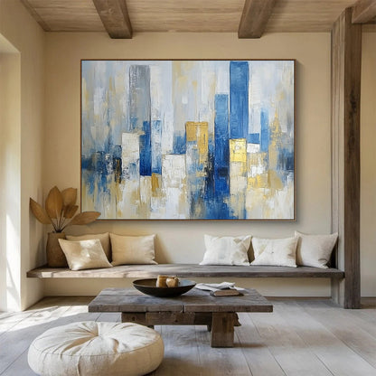 “Minimalist City Abstraction” - Blue, Gray, Gold, Abstract Cityscape HB1137