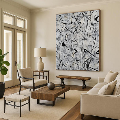 Contemporary abstract artwork featuring intricate doodles and shapes in black ink on a grey background inspired by Pollock and Basquiat. DLZ0628