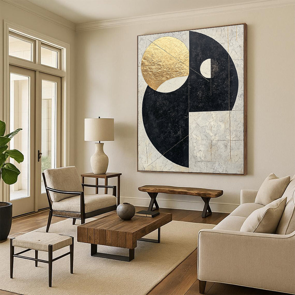 Black, White, Gray, Gold, Overlapping Circles "Gilded Orb Harmony" Abstract Modernist Painting On Canvas HB123