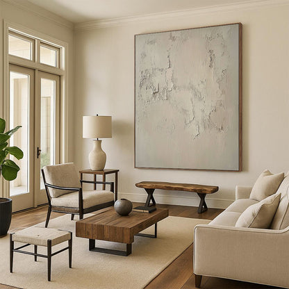 Contemporary hand-painted abstract artwork featuring a textured beige wall with intricate white patterns, capturing the beauty of weathered cement in muted tones. DLZ1115