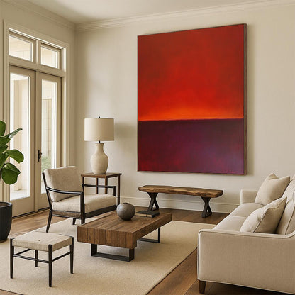 Contemporary hand-painted abstract art featuring a horizon line with rich red and purple hues against a solid background. DLZ1385