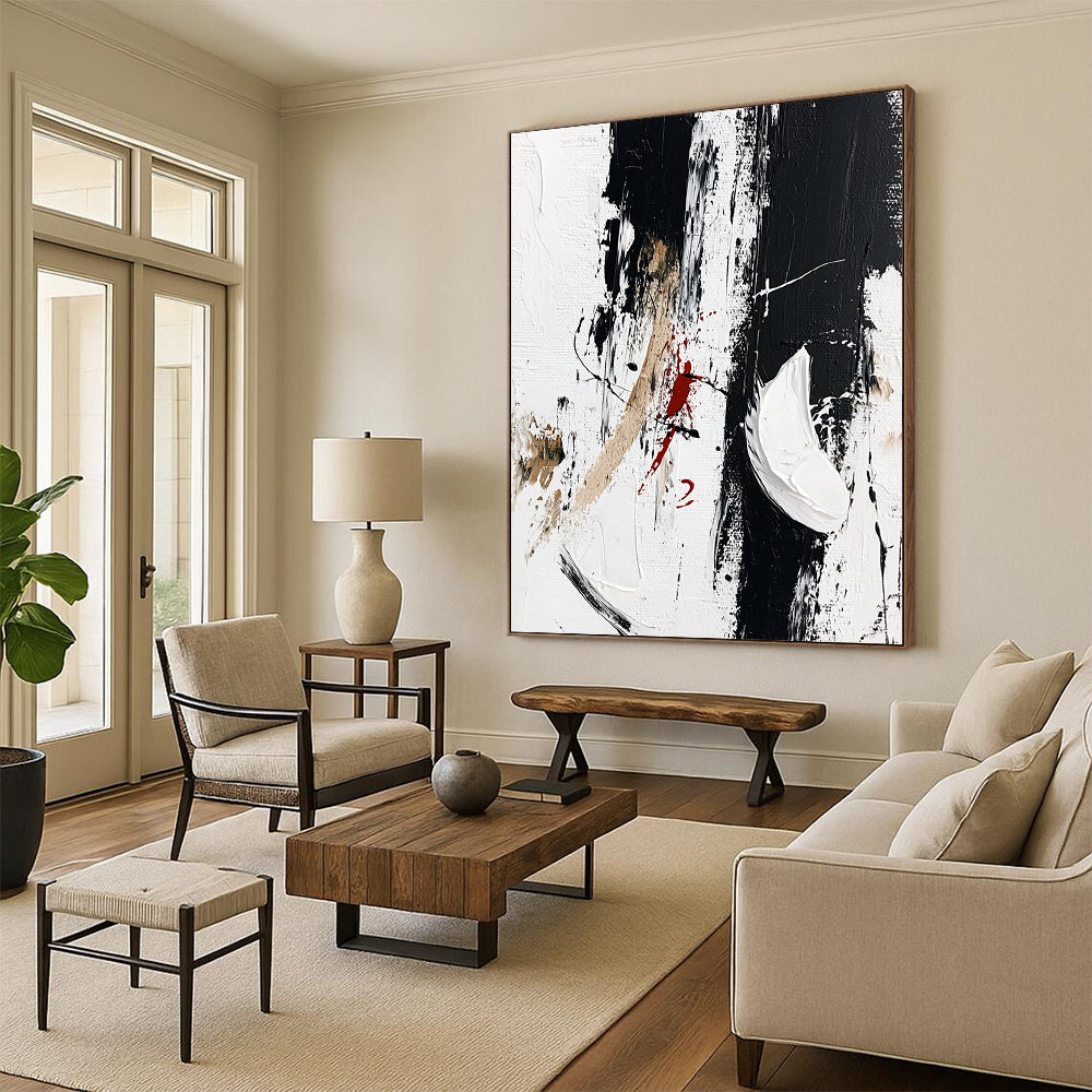 Contemporary abstract artwork features striking black brush strokes with white shoes embellished by vibrant red paint scribbles, embodying minimalism and fashion art style. DLZ0818