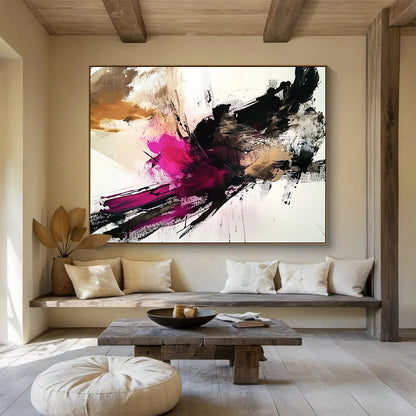 “Bold Pink Black Abstract” - Pink, Black, Beige with Dramatic Strokes - Painting On Canvas HB1372
