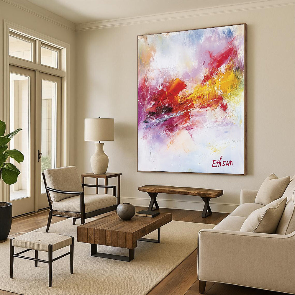 Contemporary abstract artwork featuring the word Ethsun in elegant calligraphy with warm colors and soft brushstrokes creating a serene atmosphere. DLZ1067