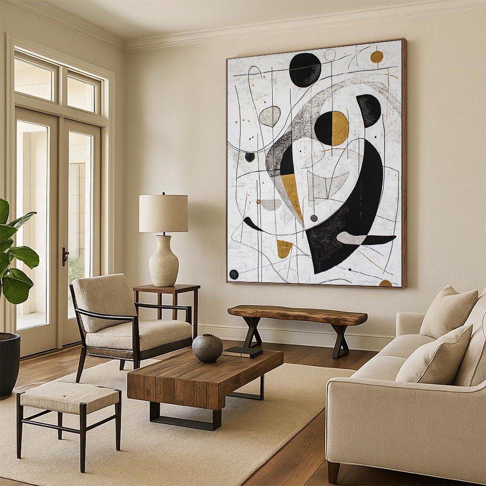 White, Black, Gold, Silver, Geometric Swirls "Gilded Geometry" Abstract Modernist Painting On Canvas HB089