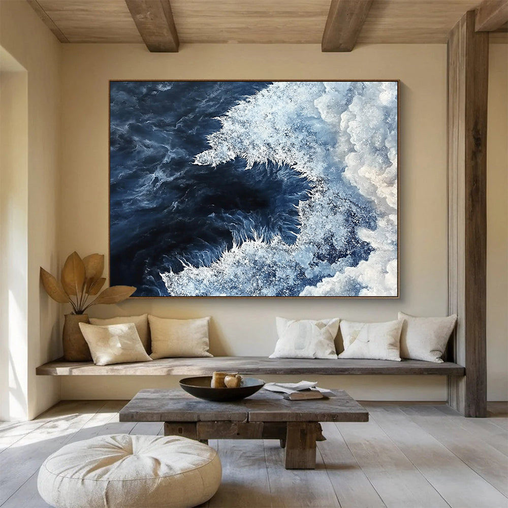“Ocean Vortex” - Deep Blue, White, Dynamic Sea Painting On Canvas HB0696