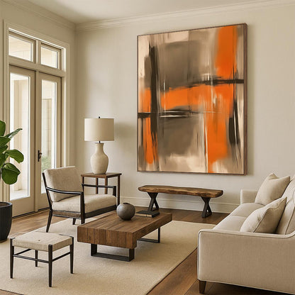Contemporary hand-painted abstract artwork featuring soft oranges and grays with blurred figures and a grainy texture for a hazy atmospheric effect. DLZ1015