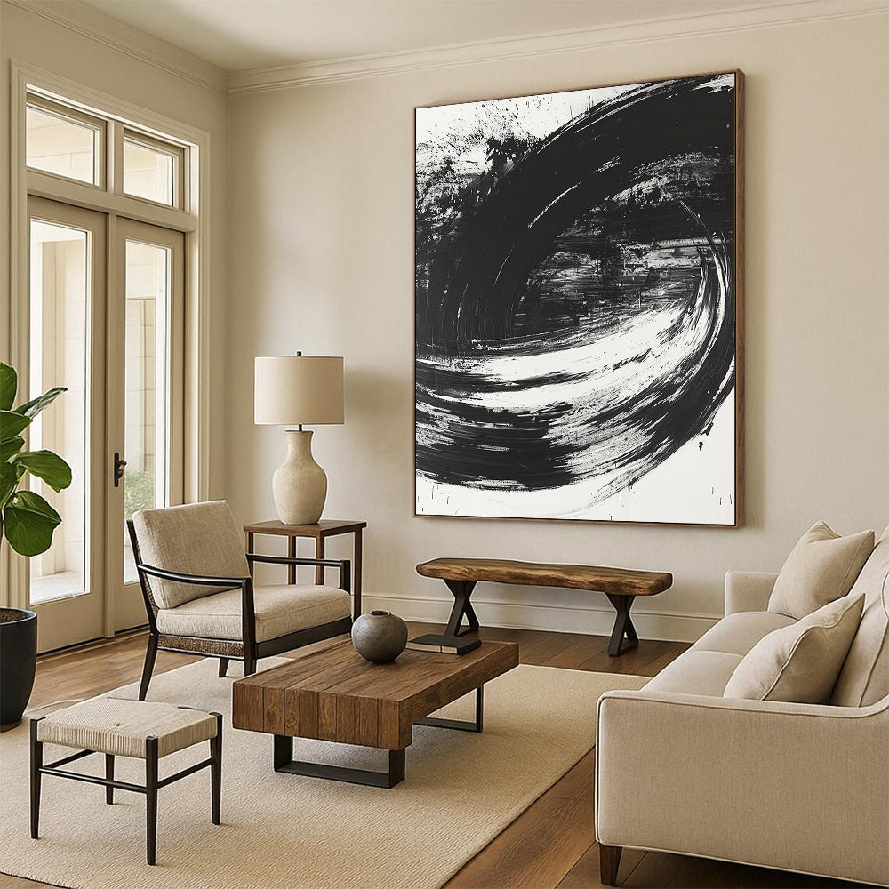 Black, White, Swirling Strokes "Monochrome Vortex" Abstract Modernist Painting On Canvas HB093