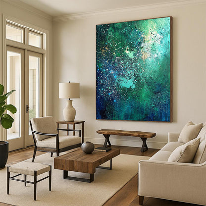 Contemporary abstract artwork in vibrant blues and greens adorned with white speckles and shimmering stars, perfect for elevating any space. DLZ0530