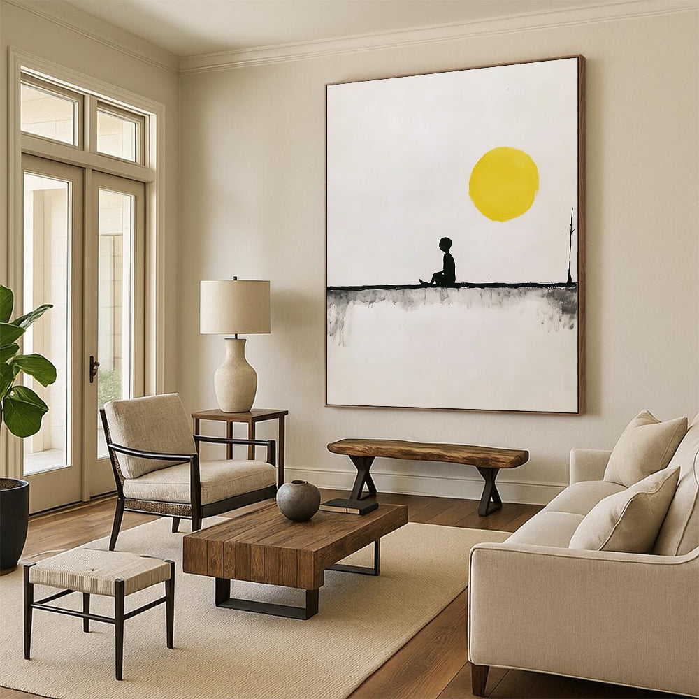 Contemporary hand-painted abstract art featuring a minimalist fisherman on a line under a yellow sun with simple shapes in black and gray tones. DLZ1635