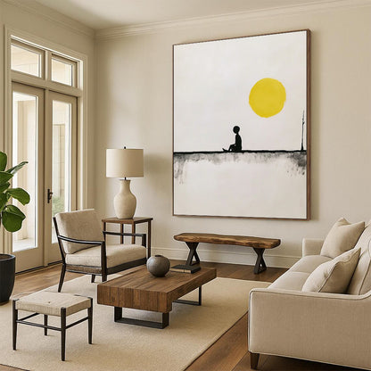Contemporary hand-painted abstract art featuring a minimalist fisherman on a line under a yellow sun with simple shapes in black and gray tones. DLZ1635