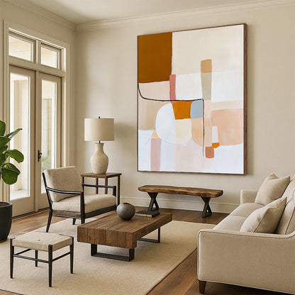 Contemporary abstract oil painting featuring minimal shapes and lines in beige, white, pastel pink, light blue, orange, and brown inspired by Matisse. DLZ0488
