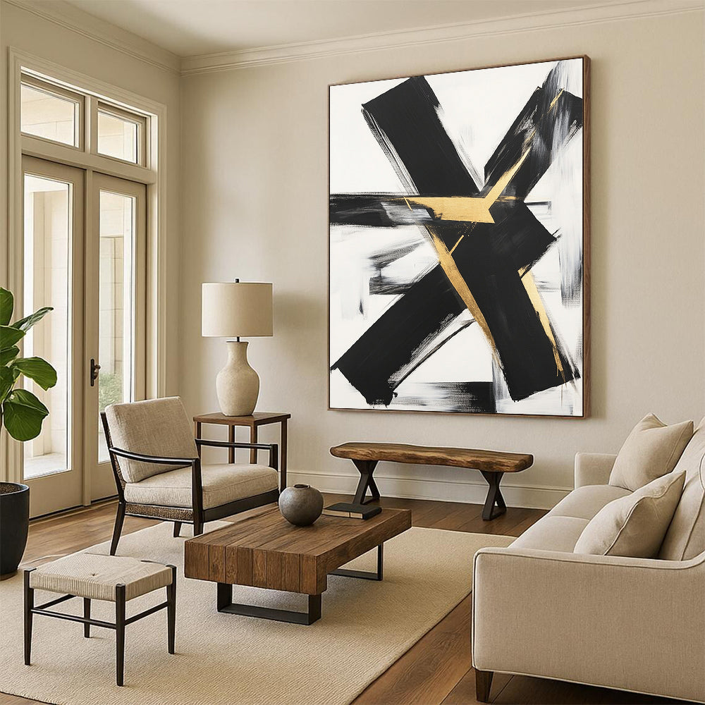 Black, White, Gold, Gray, Textured Triangles "Gilded Terrain" Abstract Cubist - Inspired Painting On Canvas HB120